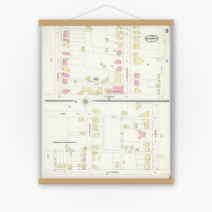 Old map wall art mockup — magnetic wood frame on white wall — Sanborn Fire Insurance Map from Washington, Washington County, Pennsylvania (1896), Sheet #0003