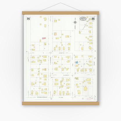 Old map wall art mockup — magnetic wood frame on white wall — Sanborn Fire Insurance Map from Owosso, Shiawassee County, Michigan (1930), Sheet #0016