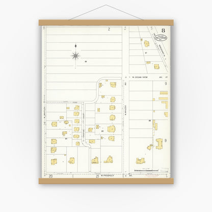Old map wall art mockup — magnetic wood frame on white wall — Sanborn Fire Insurance Map from Hollywood, Los Angeles County, California (1907), Sheet #0008