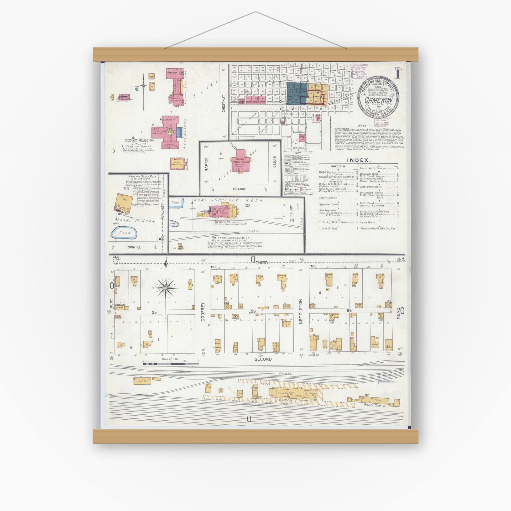 Old map wall art mockup — magnetic wood frame on white wall — Sanborn Fire Insurance Map from Cameron, Clinton County, Missouri (1906) - Complete Map Set