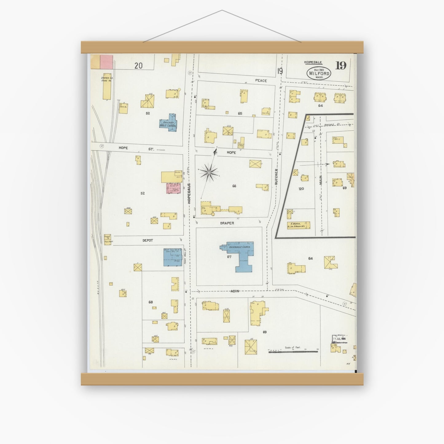 Old map wall art mockup — magnetic wood frame on white wall — Sanborn Fire Insurance Map from Milford, Worcester County, Massachusetts (1903), Sheet #0019