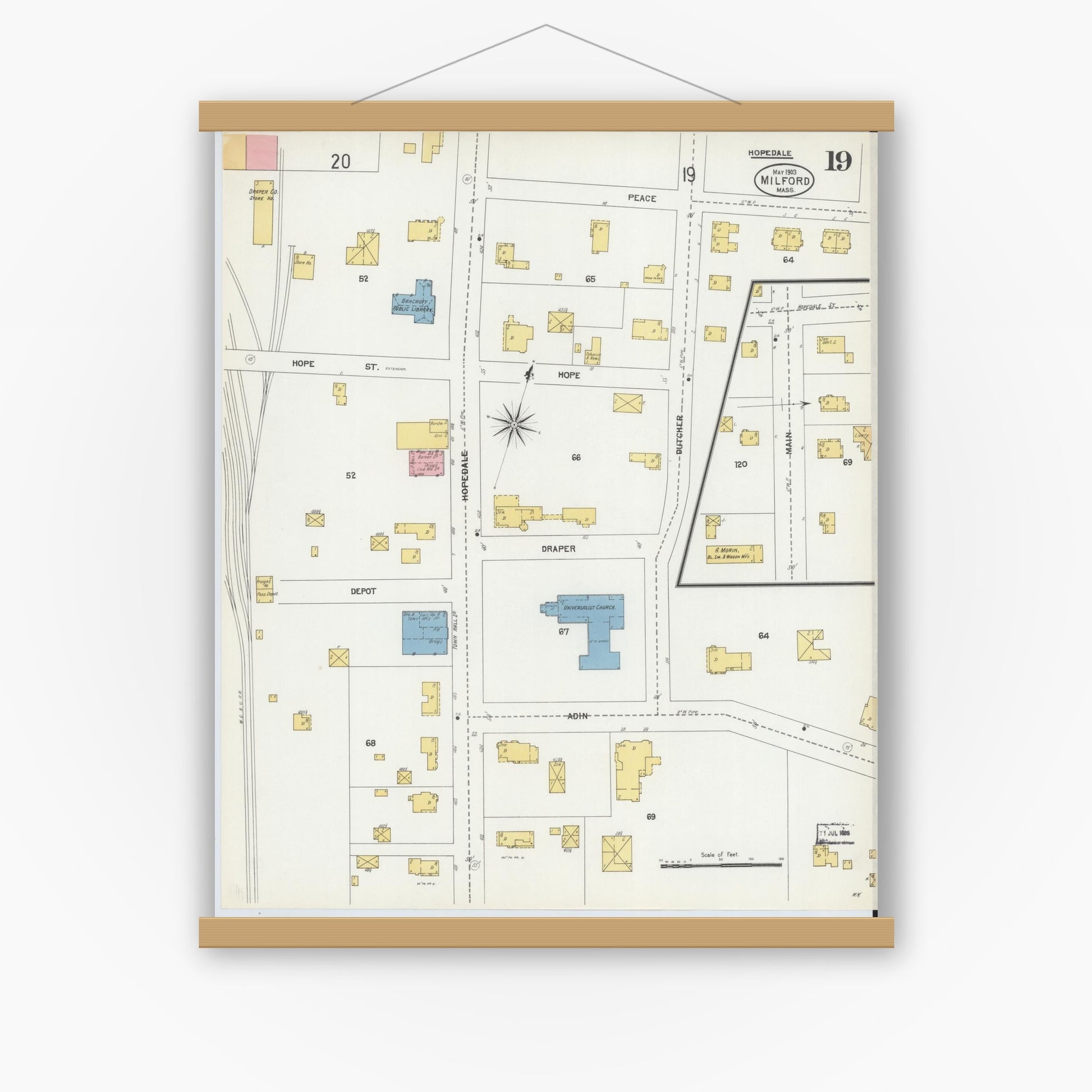 Old map wall art mockup — magnetic wood frame on white wall — Sanborn Fire Insurance Map from Milford, Worcester County, Massachusetts (1903), Sheet #0019