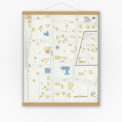 Old map wall art mockup — magnetic wood frame on white wall — Sanborn Fire Insurance Map from Milford, Worcester County, Massachusetts (1903), Sheet #0019
