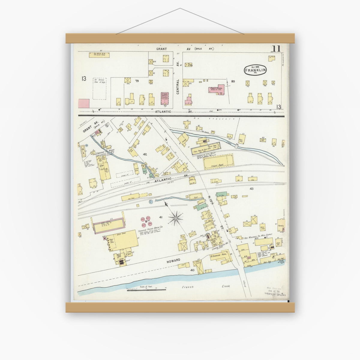 Old map wall art mockup — magnetic wood frame on white wall — Sanborn Fire Insurance Map from Franklin, Venango County, Pennsylvania (1896), Sheet #0011