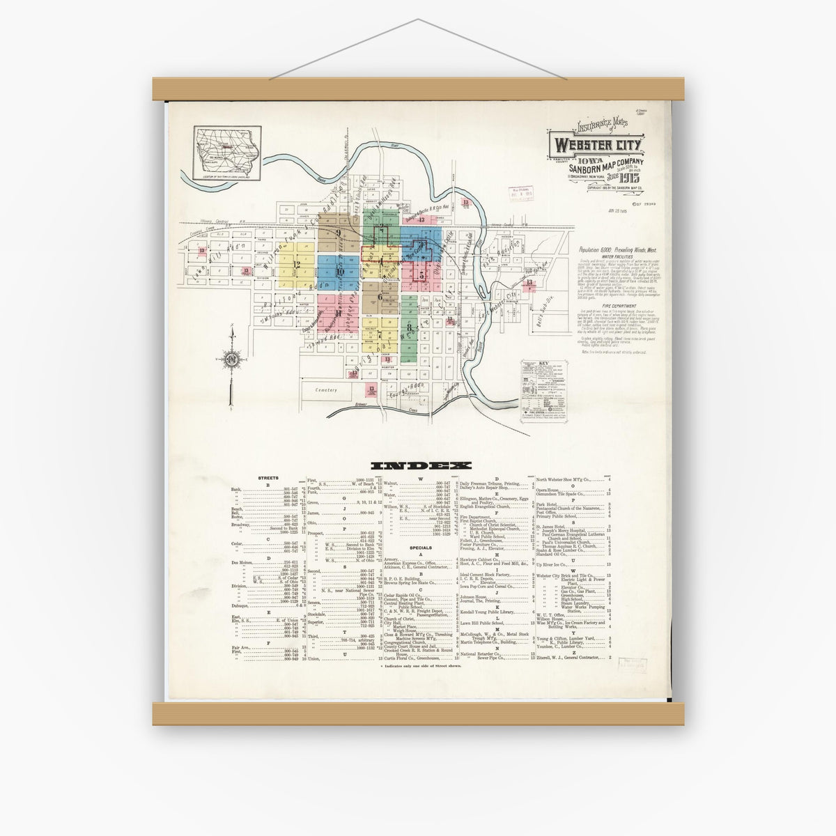 Old map wall art mockup — magnetic wood frame on white wall — Sanborn Fire Insurance Map from Webster City, Hamilton County, Iowa (1915), Sheet #0001