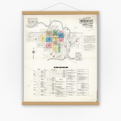 Old map wall art mockup — magnetic wood frame on white wall — Sanborn Fire Insurance Map from Webster City, Hamilton County, Iowa (1915), Sheet #0001