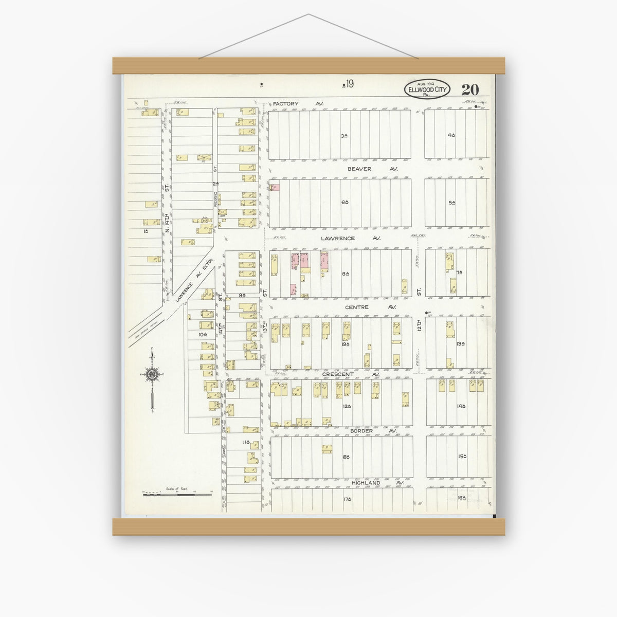 Old map wall art mockup — magnetic wood frame on white wall — Sanborn Fire Insurance Map from Ellwood City, Lawrence County, Pennsylvania (1914), Sheet #0020
