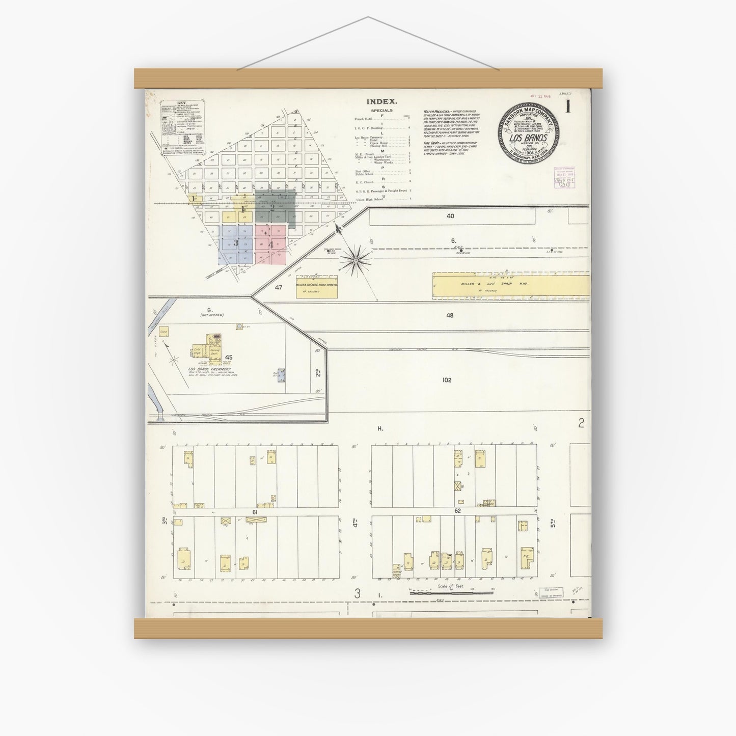 Old map wall art mockup — magnetic wood frame on white wall — Sanborn Fire Insurance Map from Los Banos, Merced County, California (1908), Sheet #0001