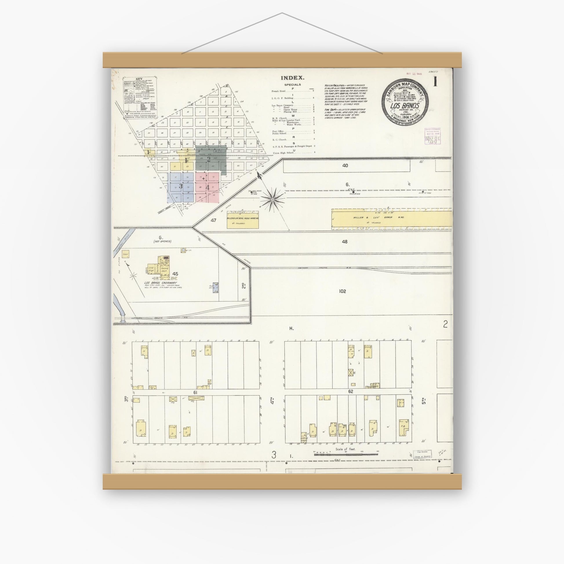Old map wall art mockup — magnetic wood frame on white wall — Sanborn Fire Insurance Map from Los Banos, Merced County, California (1908), Sheet #0001