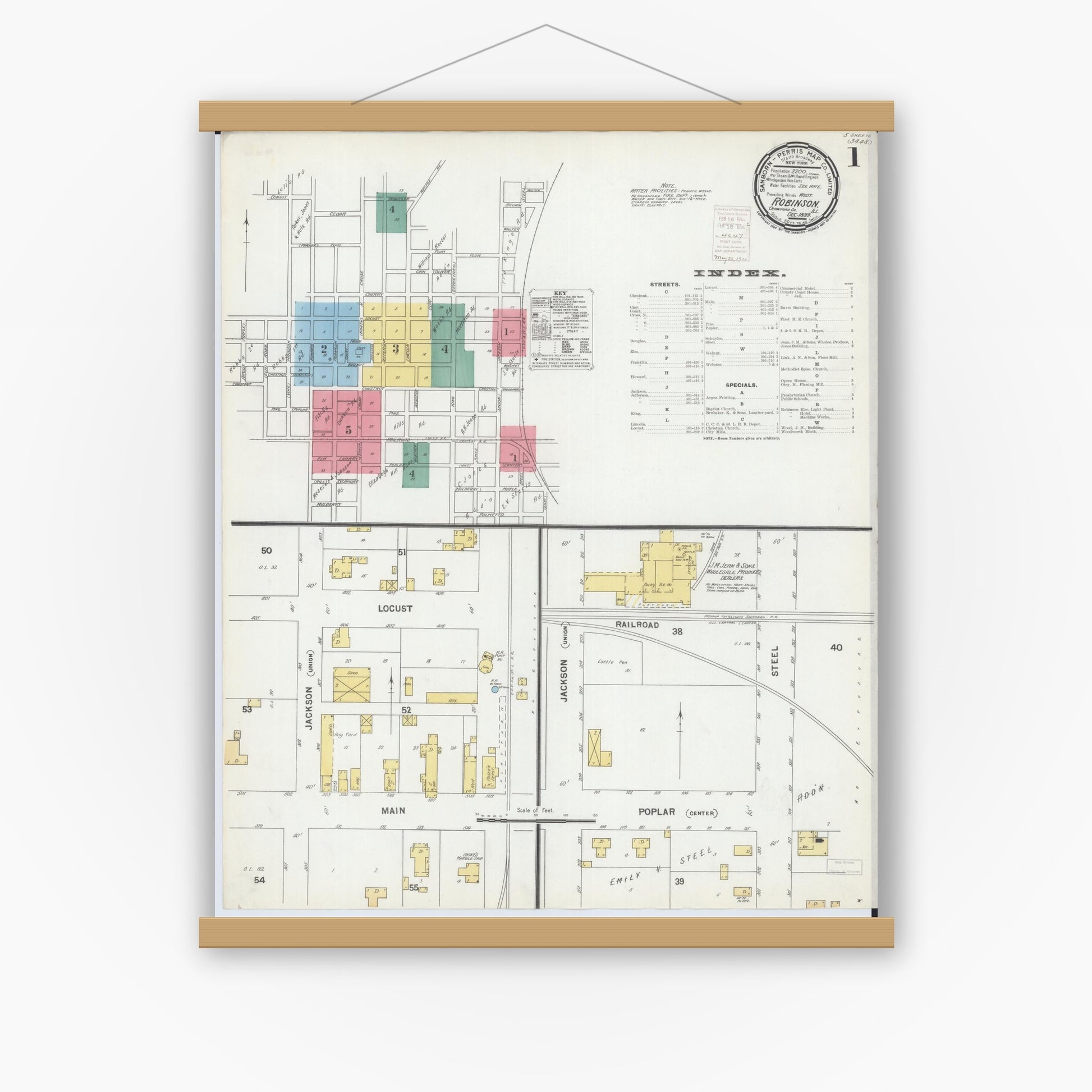 Old map wall art mockup — magnetic wood frame on white wall — Sanborn Fire Insurance Map from Robinson, Crawford County, Illinois (1899) - Complete Map Set