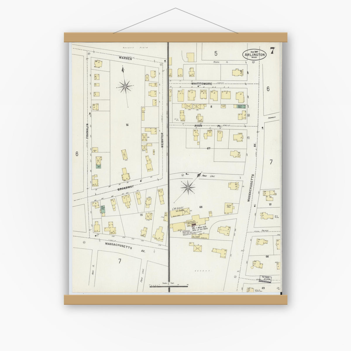 Old map wall art mockup — magnetic wood frame on white wall — Sanborn Fire Insurance Map from Arlington, Middlesex County, Massachusetts (1897), Sheet #0007