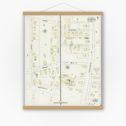 Old map wall art mockup — magnetic wood frame on white wall — Sanborn Fire Insurance Map from Arlington, Middlesex County, Massachusetts (1897), Sheet #0007