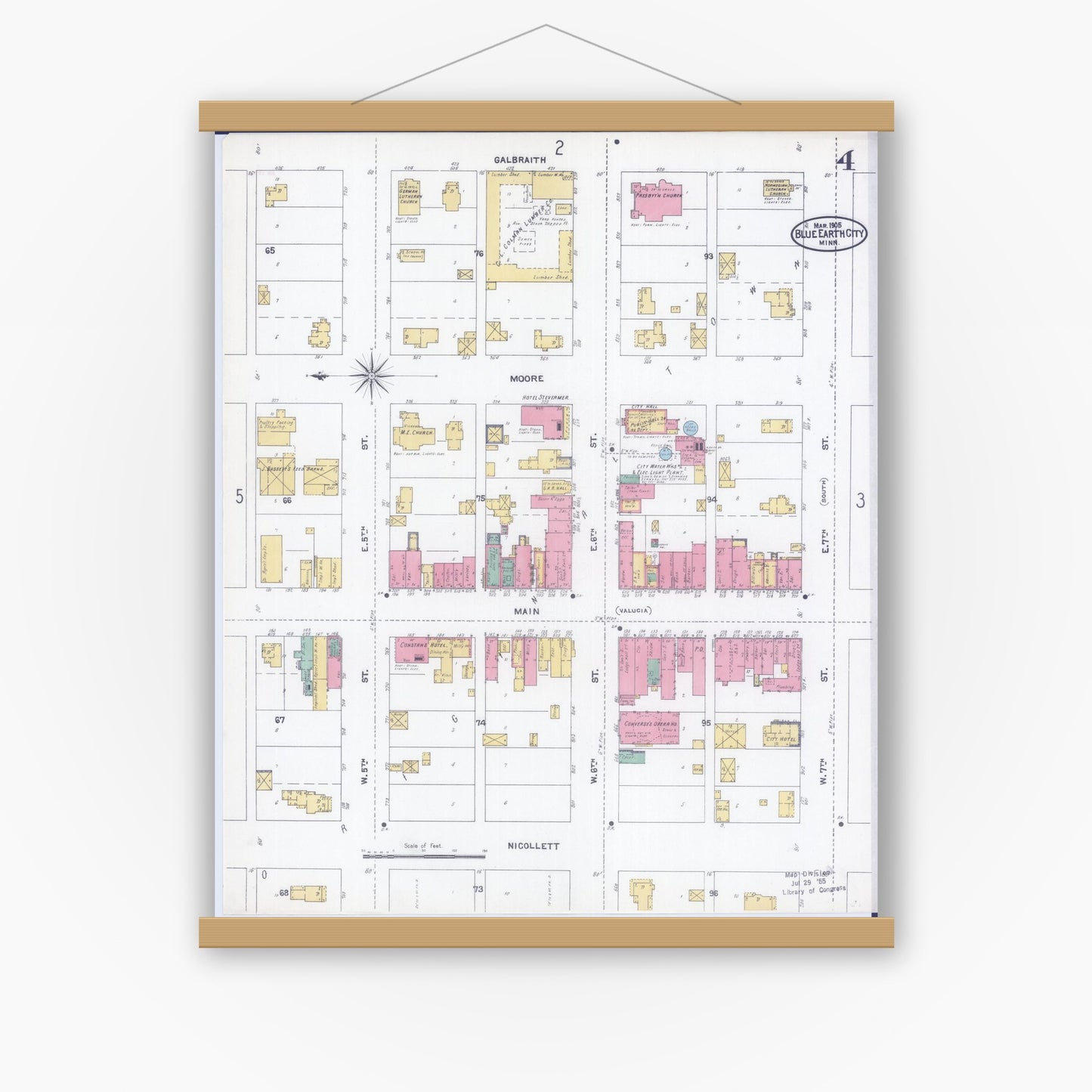 Old map wall art mockup — magnetic wood frame on white wall — Sanborn Fire Insurance Map from Blue Earth, Faribault County, Minnesota (1905), Sheet #0004