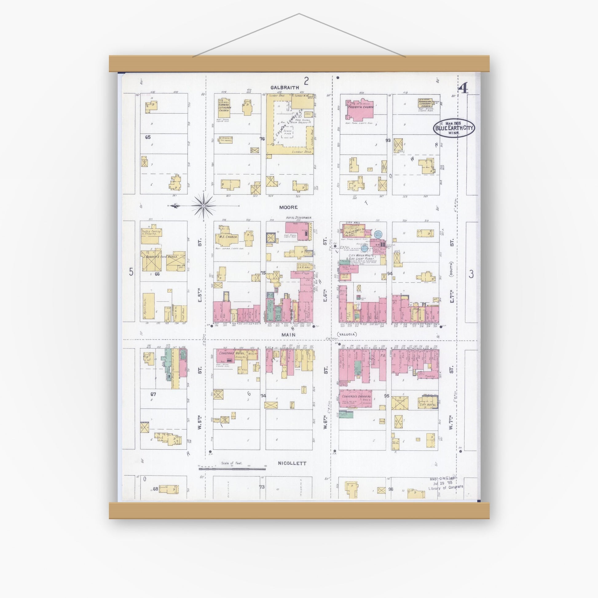 Old map wall art mockup — magnetic wood frame on white wall — Sanborn Fire Insurance Map from Blue Earth, Faribault County, Minnesota (1905), Sheet #0004