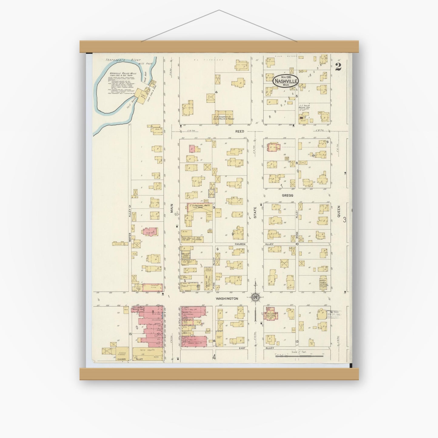 Old map wall art mockup — magnetic wood frame on white wall — Sanborn Fire Insurance Map from Nashville, Barry County, Michigan (1916), Sheet #0002