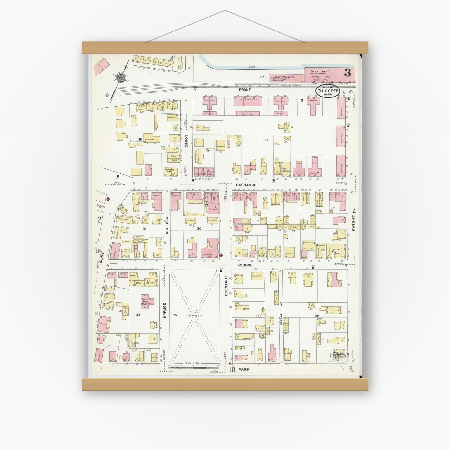 Old map wall art mockup — magnetic wood frame on white wall — Sanborn Fire Insurance Map from Chicopee, Hampden County, Massachusetts (1910), Sheet #0003