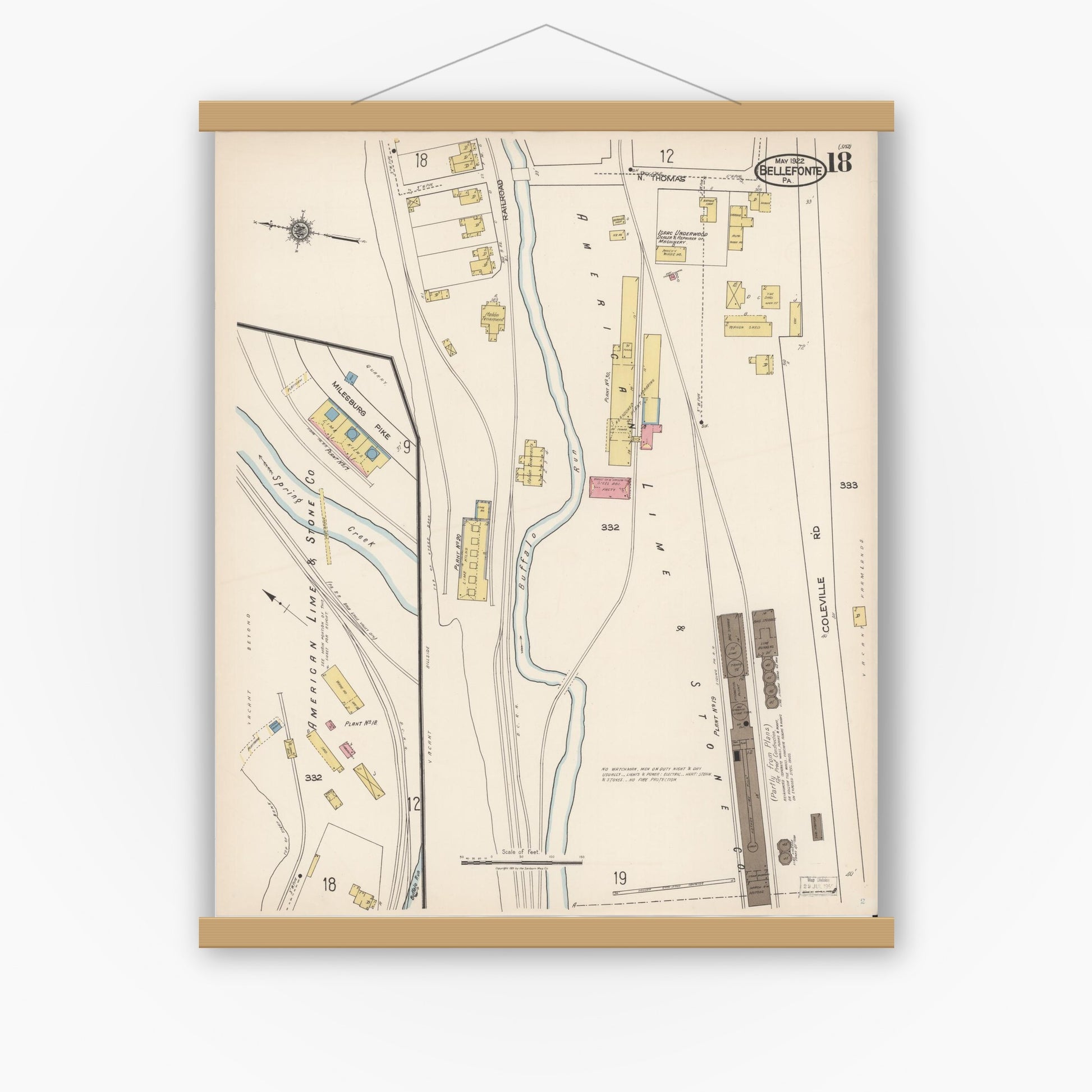 Old map wall art mockup — magnetic wood frame on white wall — Sanborn Fire Insurance Map from Bellefonte, Centre County, Pennsylvania (1922), Sheet #0018
