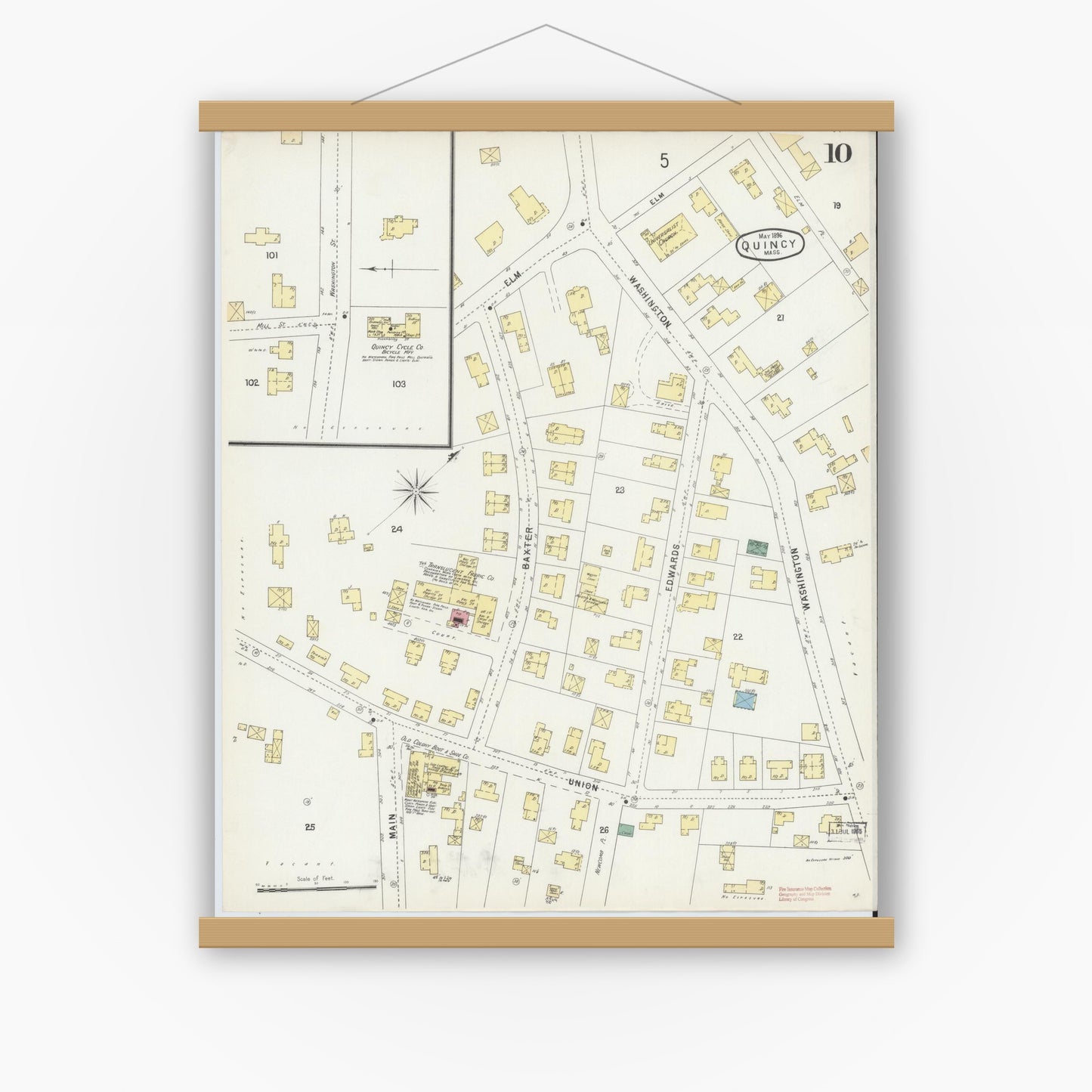 Old map wall art mockup — magnetic wood frame on white wall — Sanborn Fire Insurance Map from Quincy, Norfolk County, Massachusetts (1896), Sheet #0010
