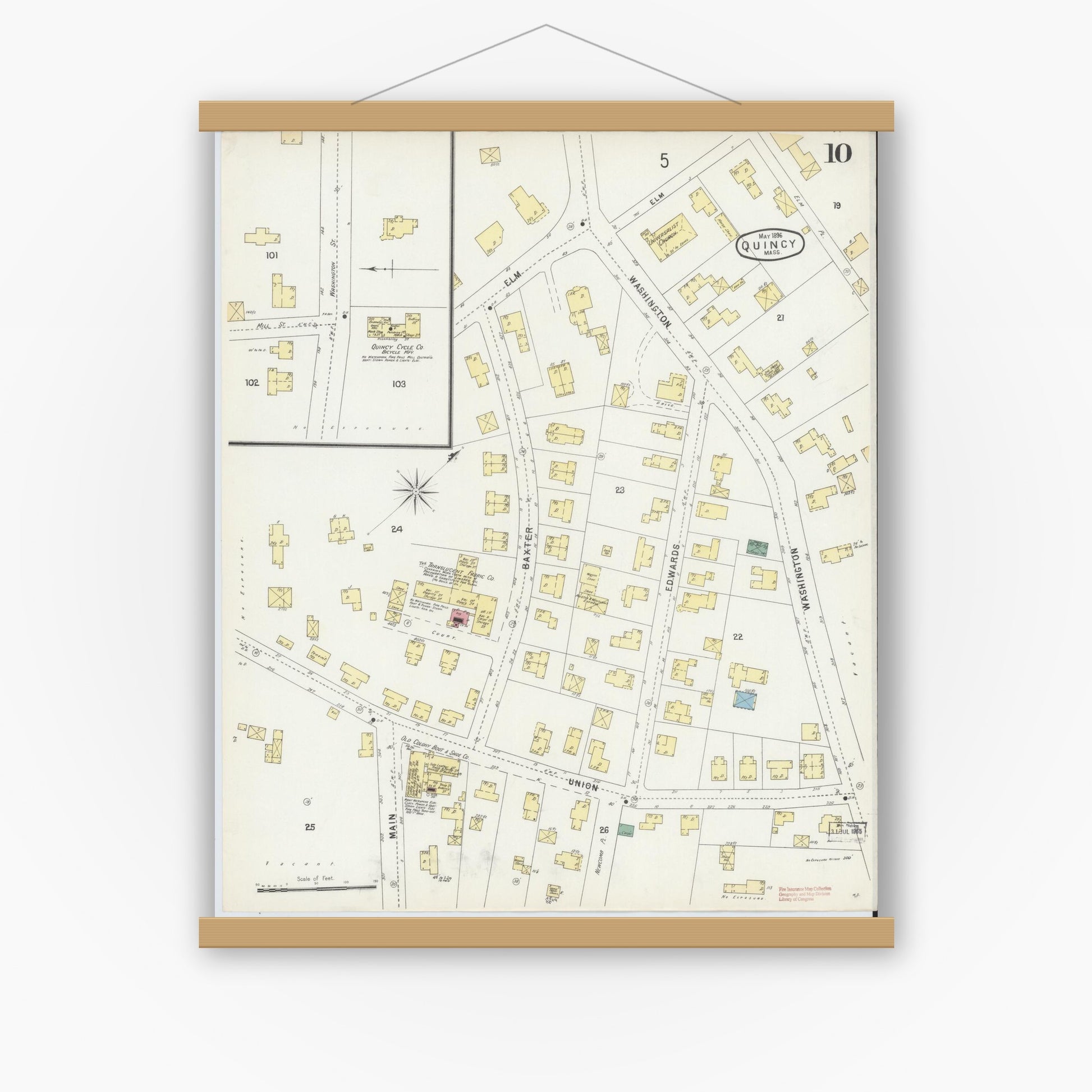 Old map wall art mockup — magnetic wood frame on white wall — Sanborn Fire Insurance Map from Quincy, Norfolk County, Massachusetts (1896), Sheet #0010