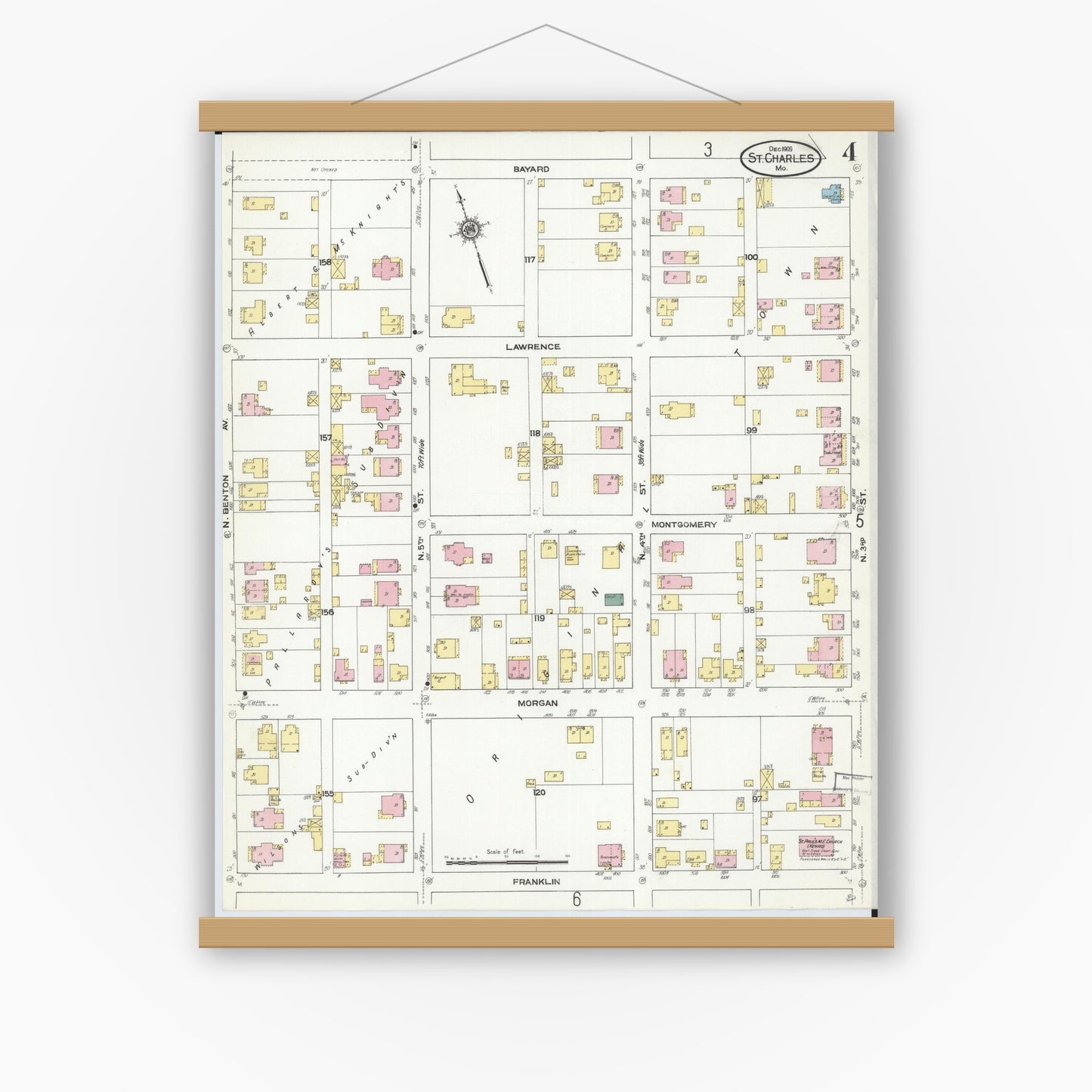 Old map wall art mockup — magnetic wood frame on white wall — Sanborn Fire Insurance Map from Saint Charles, Saint Charles County, Missouri (1909), Sheet #0004