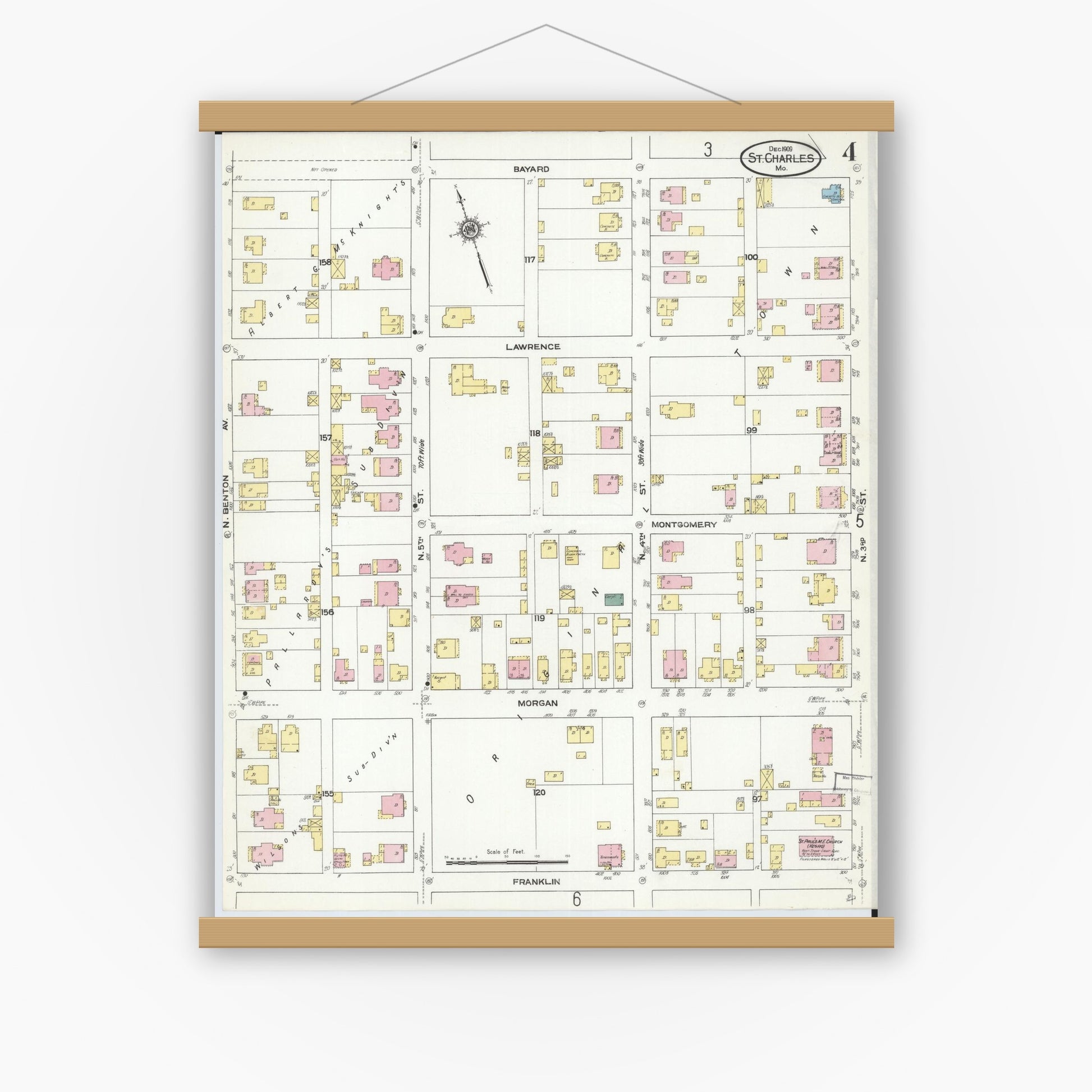 Old map wall art mockup — magnetic wood frame on white wall — Sanborn Fire Insurance Map from Saint Charles, Saint Charles County, Missouri (1909), Sheet #0004