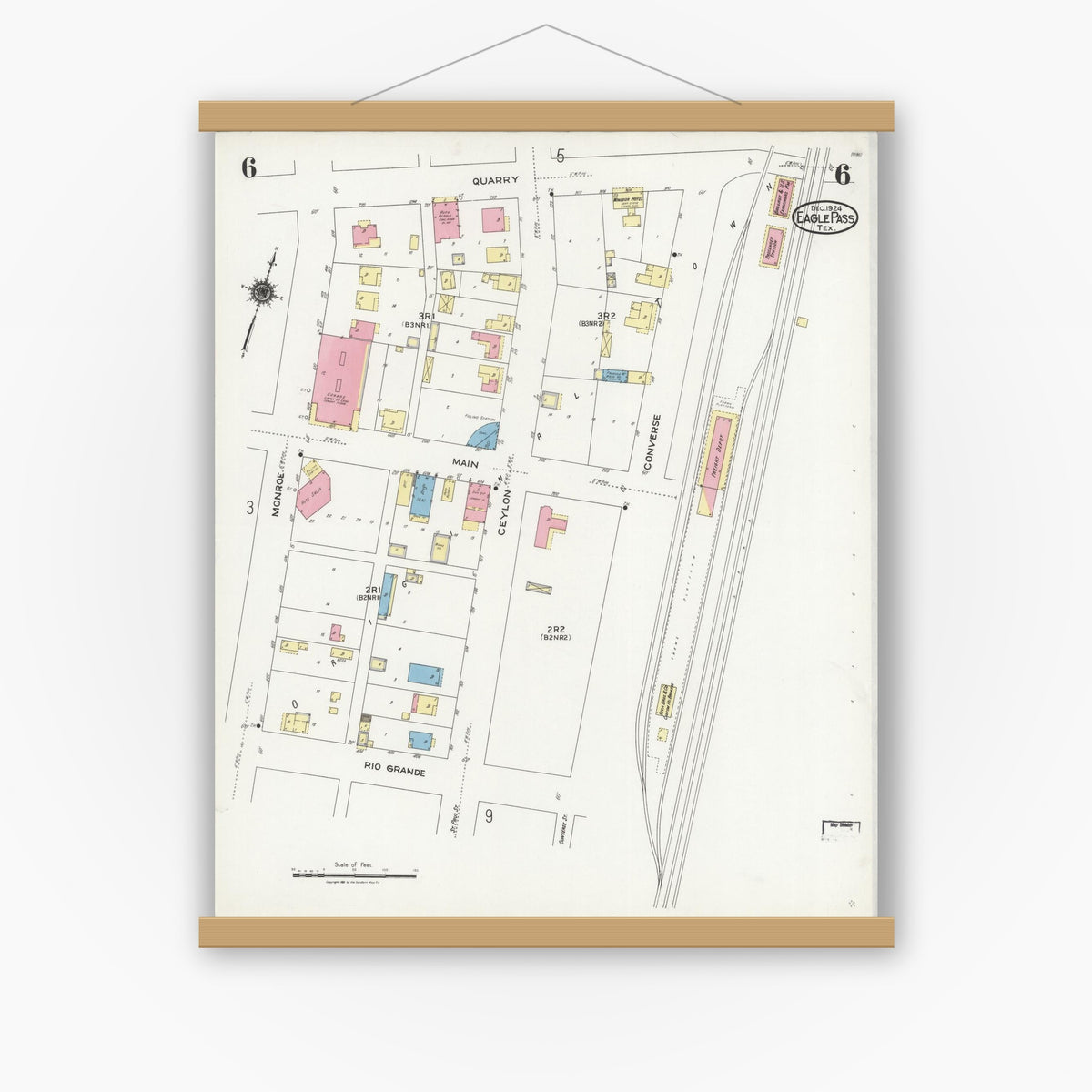 Old map wall art mockup — magnetic wood frame on white wall — Sanborn Fire Insurance Map from Eagle Pass, Maverick County, Texas (1924), Sheet #0006
