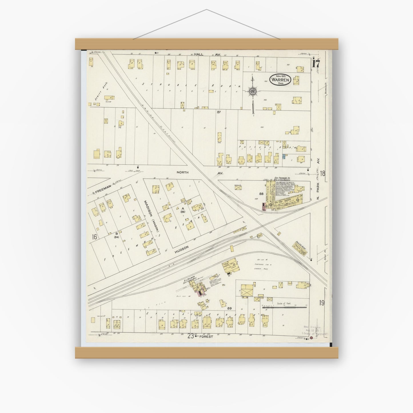 Old map wall art mockup — magnetic wood frame on white wall — Sanborn Fire Insurance Map from Warren, Trumbull County, Ohio (1915), Sheet #0017
