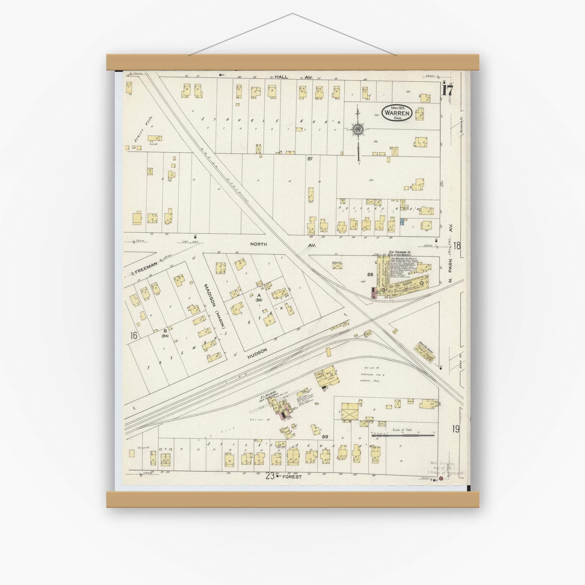 Old map wall art mockup — magnetic wood frame on white wall — Sanborn Fire Insurance Map from Warren, Trumbull County, Ohio (1915), Sheet #0017