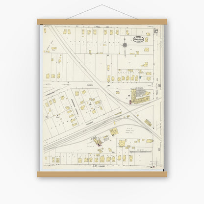 Old map wall art mockup — magnetic wood frame on white wall — Sanborn Fire Insurance Map from Warren, Trumbull County, Ohio (1915), Sheet #0017