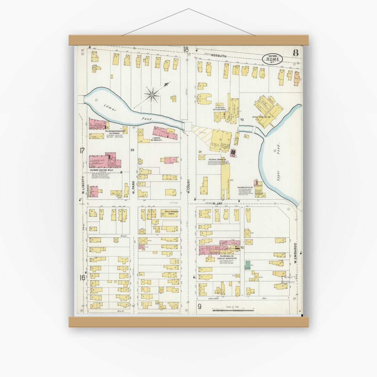 Old map wall art mockup — magnetic wood frame on white wall — Sanborn Fire Insurance Map from Rome, Oneida County, New York (1899), Sheet #0008