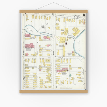 Old map wall art mockup — magnetic wood frame on white wall — Sanborn Fire Insurance Map from Rome, Oneida County, New York (1899), Sheet #0008