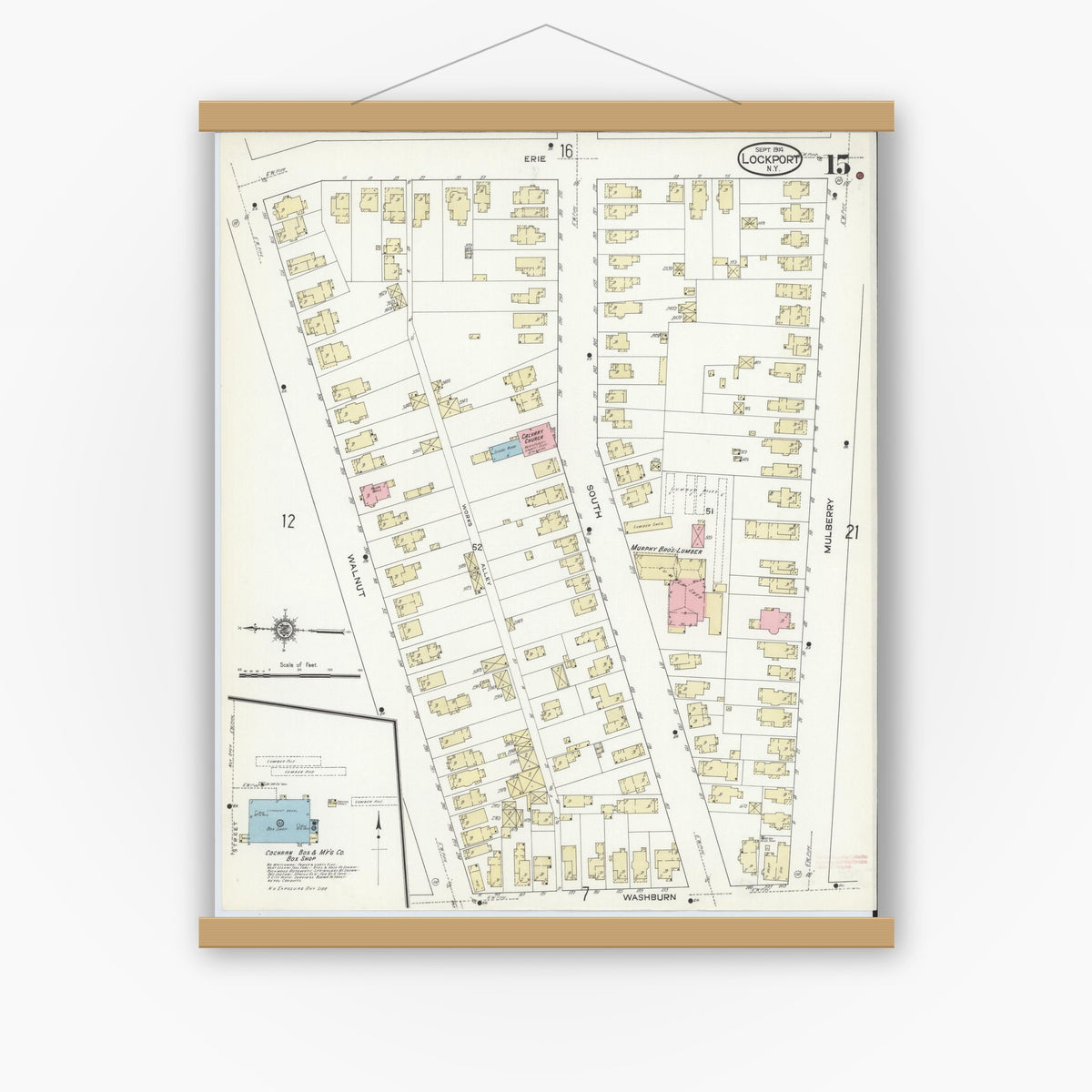 Old map wall art mockup — magnetic wood frame on white wall — Sanborn Fire Insurance Map from Lockport, Niagara County, New York (1914), Sheet #0015