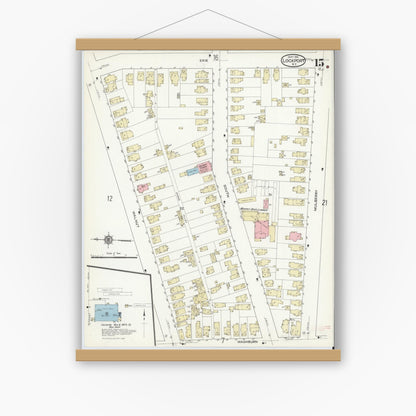 Old map wall art mockup — magnetic wood frame on white wall — Sanborn Fire Insurance Map from Lockport, Niagara County, New York (1914), Sheet #0015