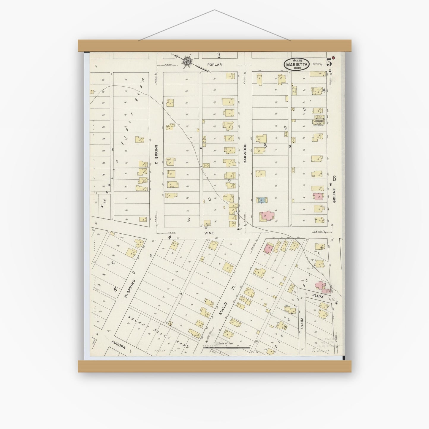 Old map wall art mockup — magnetic wood frame on white wall — Sanborn Fire Insurance Map from Marietta, Washington County, Ohio (1915), Sheet #0005