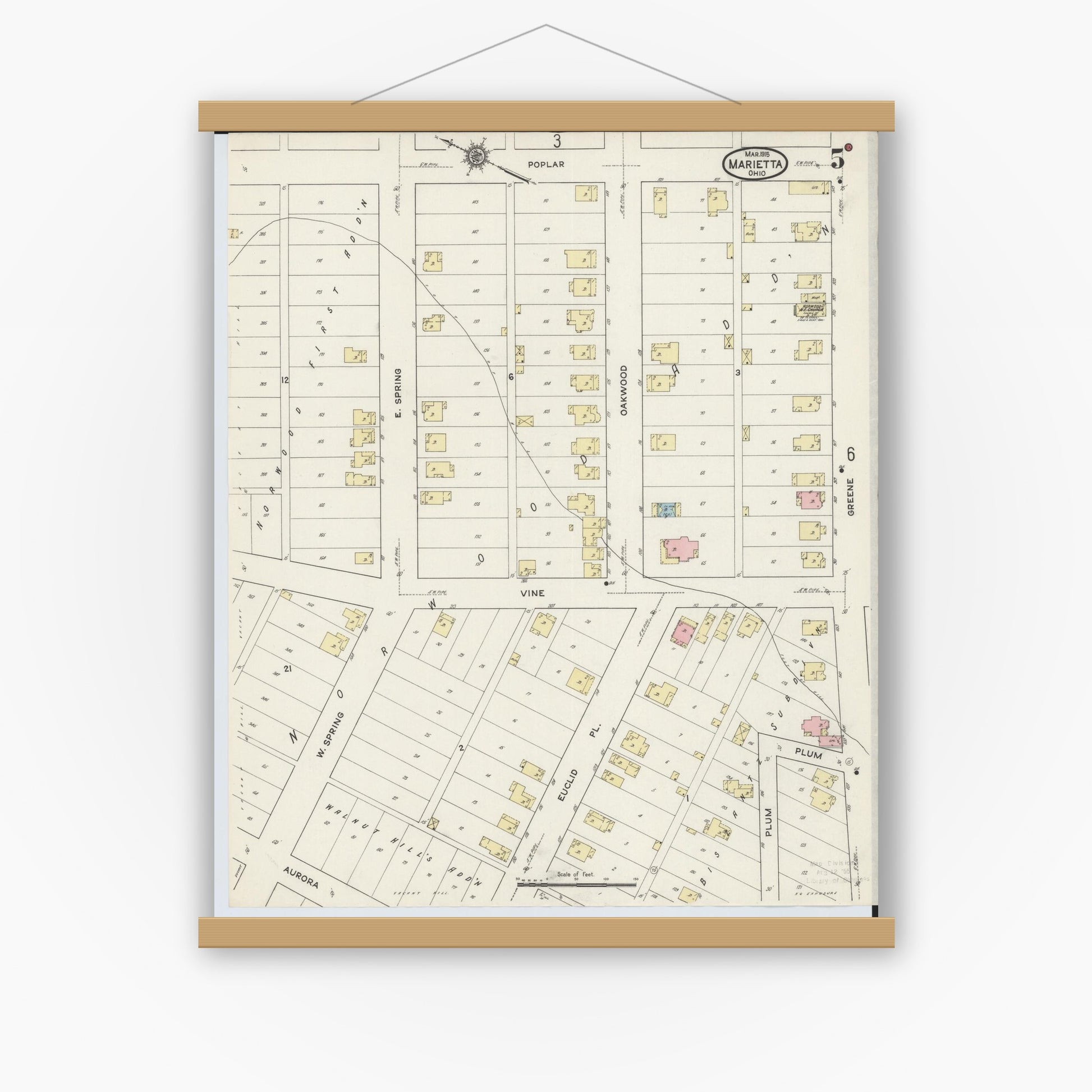Old map wall art mockup — magnetic wood frame on white wall — Sanborn Fire Insurance Map from Marietta, Washington County, Ohio (1915), Sheet #0005