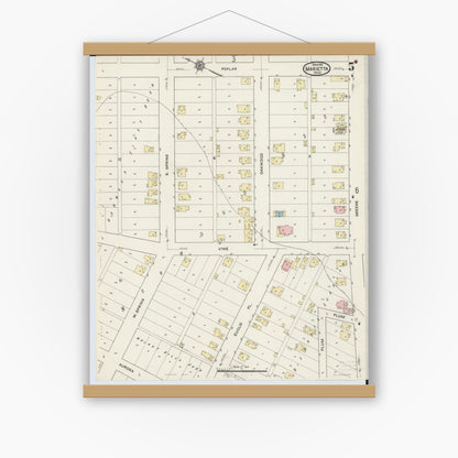 Old map wall art mockup — magnetic wood frame on white wall — Sanborn Fire Insurance Map from Marietta, Washington County, Ohio (1915), Sheet #0005