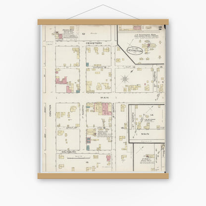 Old map wall art mockup — magnetic wood frame on white wall — Sanborn Fire Insurance Map from Lexington, Davidson County, North Carolina (1885), Sheet #0002