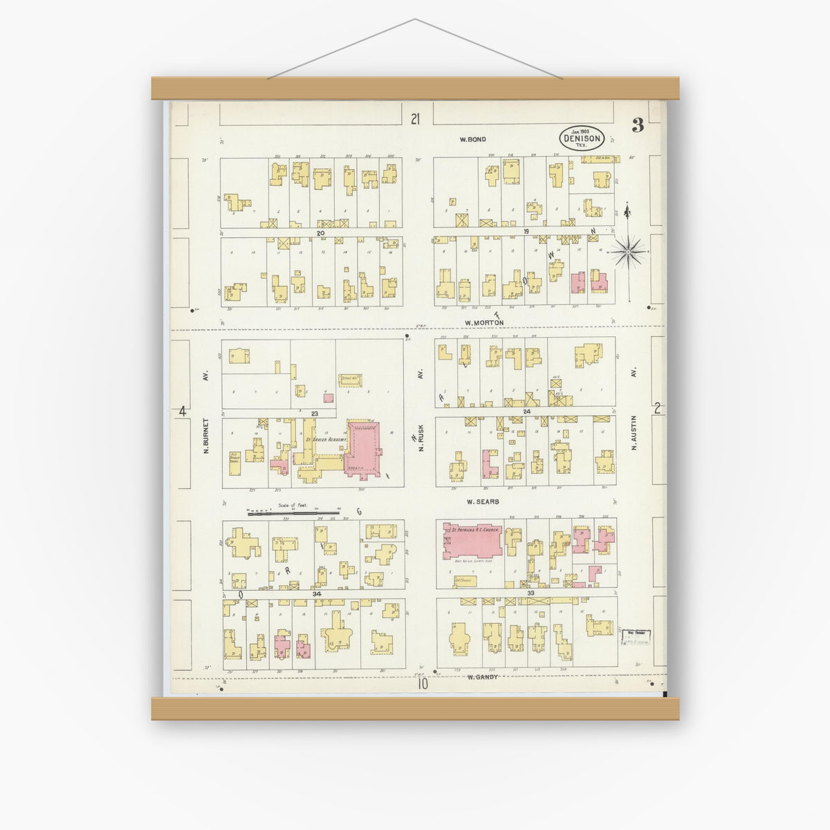Old map wall art mockup — magnetic wood frame on white wall — Sanborn Fire Insurance Map from Denison, Grayson County, Texas (1903), Sheet #0003