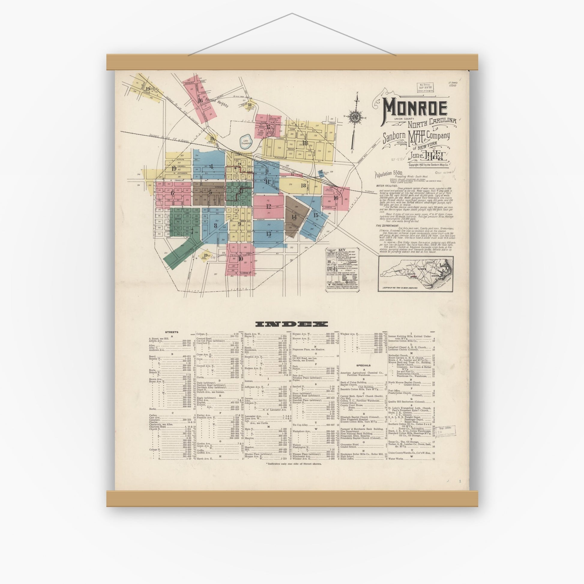 Old map wall art mockup — magnetic wood frame on white wall — Sanborn Fire Insurance Map from Monroe, Union County, North Carolina (1922), Sheet #0001