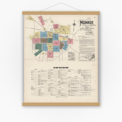 Old map wall art mockup — magnetic wood frame on white wall — Sanborn Fire Insurance Map from Monroe, Union County, North Carolina (1922), Sheet #0001