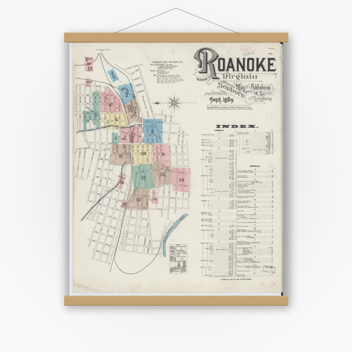 Old map wall art mockup — magnetic wood frame on white wall — Sanborn Fire Insurance Map from Roanoke, Independent Cities, Virginia (1889) - Complete Map Set