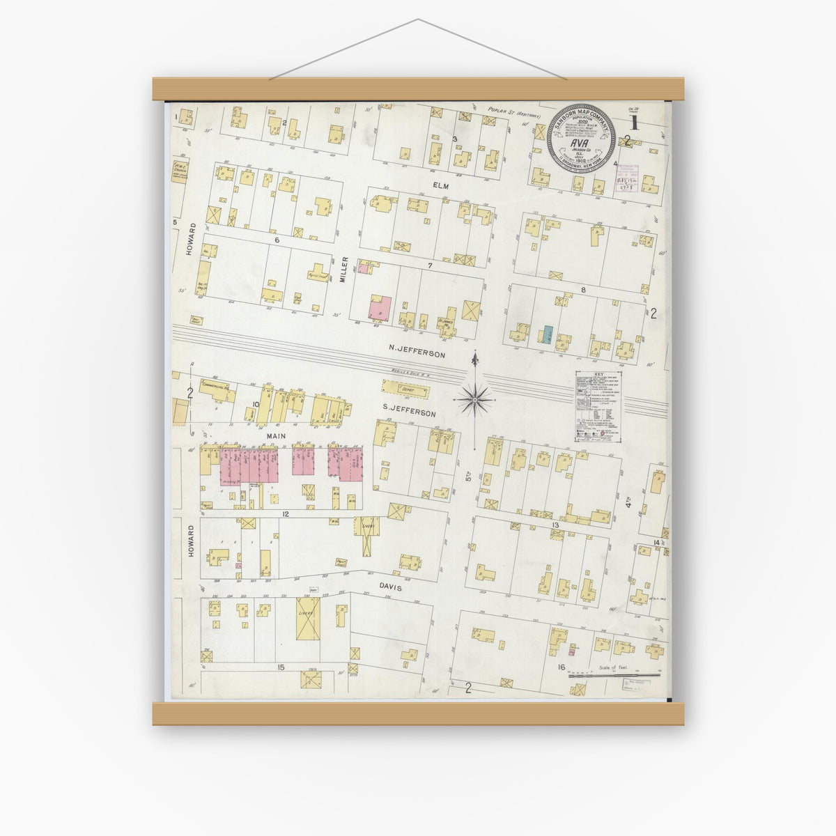Old map wall art mockup — magnetic wood frame on white wall — Sanborn Fire Insurance Map from Ava, Jackson County, Illinois (1902), Sheet #0001