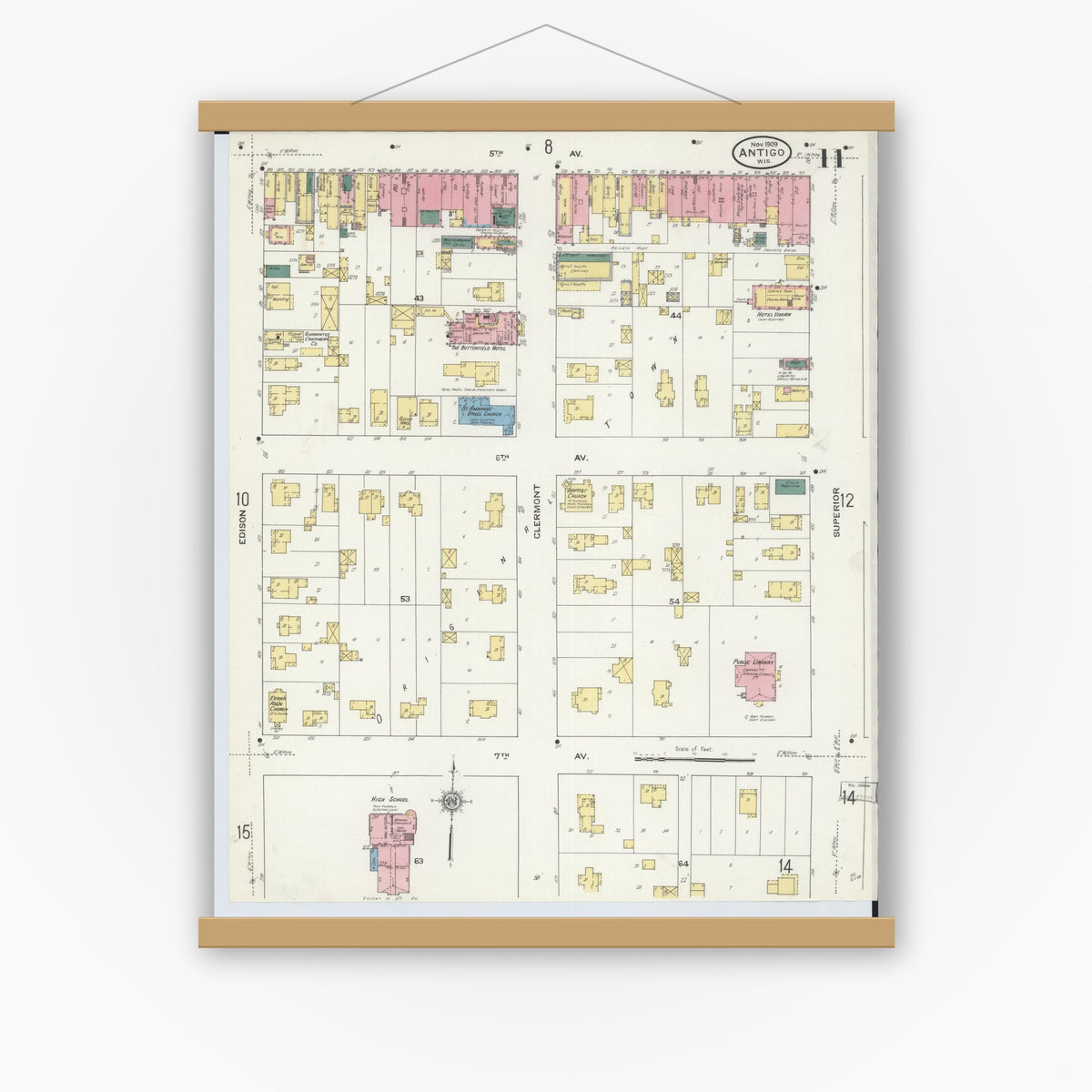 Old map wall art mockup — magnetic wood frame on white wall — Sanborn Fire Insurance Map from Antigo, Langlade County, Wisconsin (1909), Sheet #0011