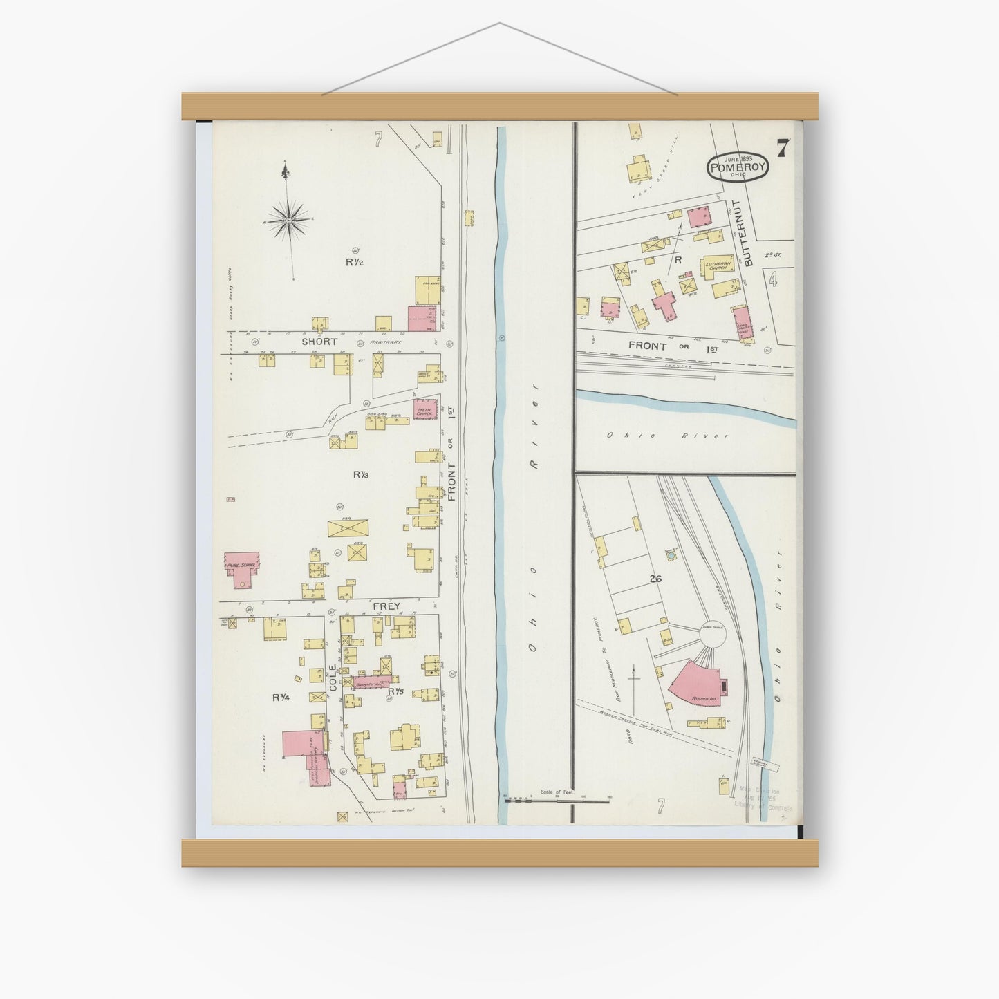 Old map wall art mockup — magnetic wood frame on white wall — Sanborn Fire Insurance Map from Pomeroy, Meigs County, Ohio (1893), Sheet #0007
