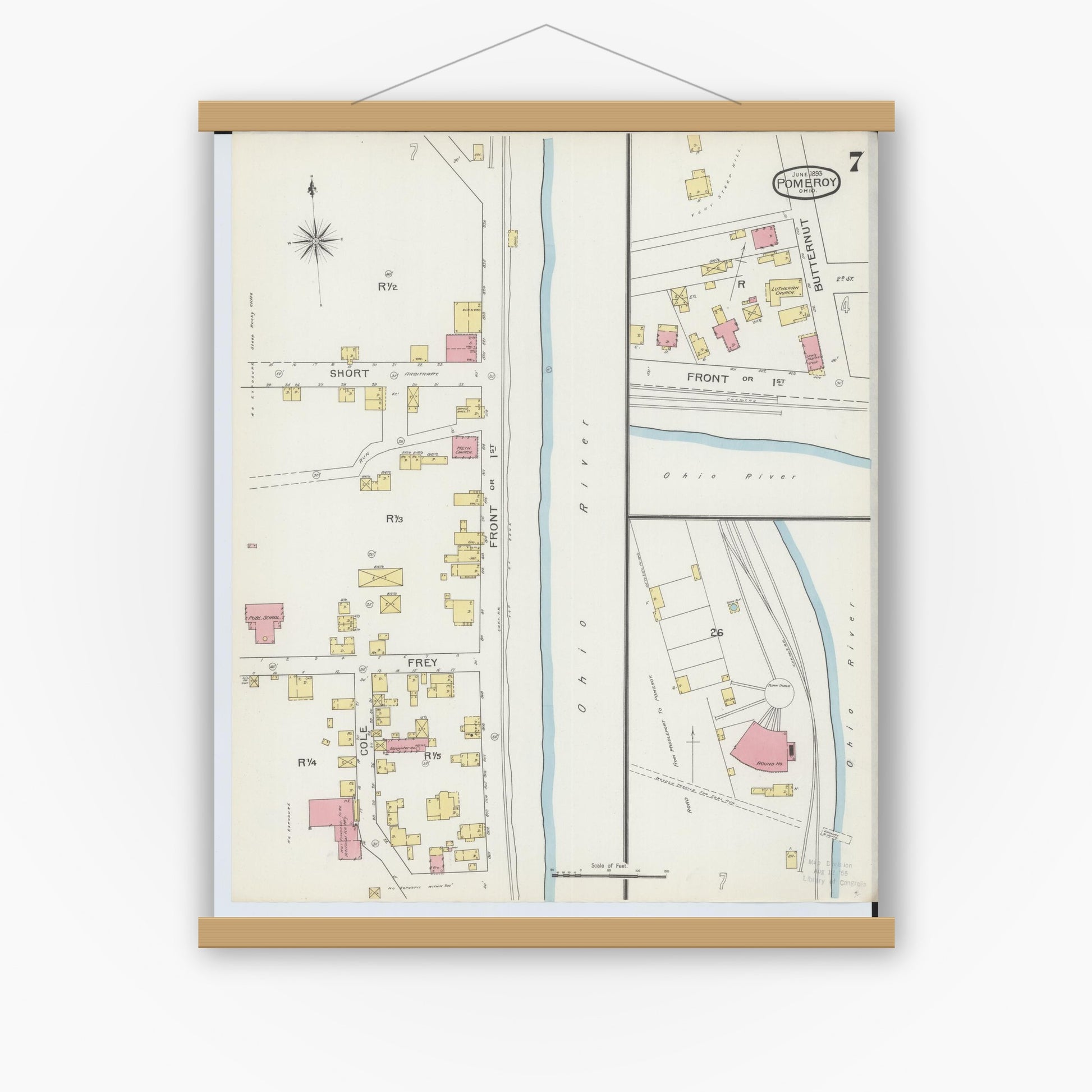 Old map wall art mockup — magnetic wood frame on white wall — Sanborn Fire Insurance Map from Pomeroy, Meigs County, Ohio (1893), Sheet #0007