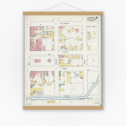 Old map wall art mockup — magnetic wood frame on white wall — Sanborn Fire Insurance Map from Rushville, Rush County, Indiana (1892), Sheet #0002