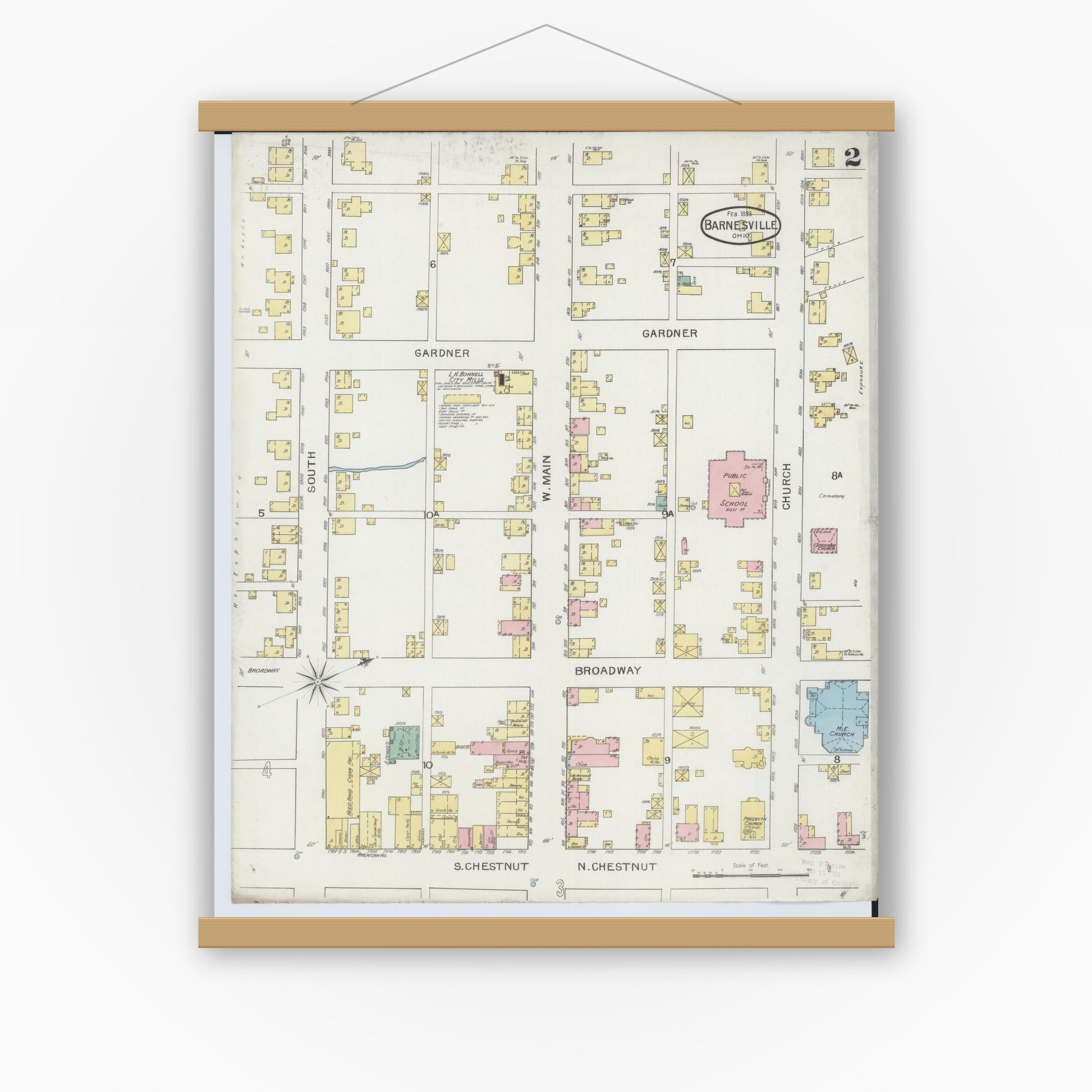 Old map wall art mockup — magnetic wood frame on white wall — Sanborn Fire Insurance Map from Barnesville, Belmont County, Ohio (1893), Sheet #0002