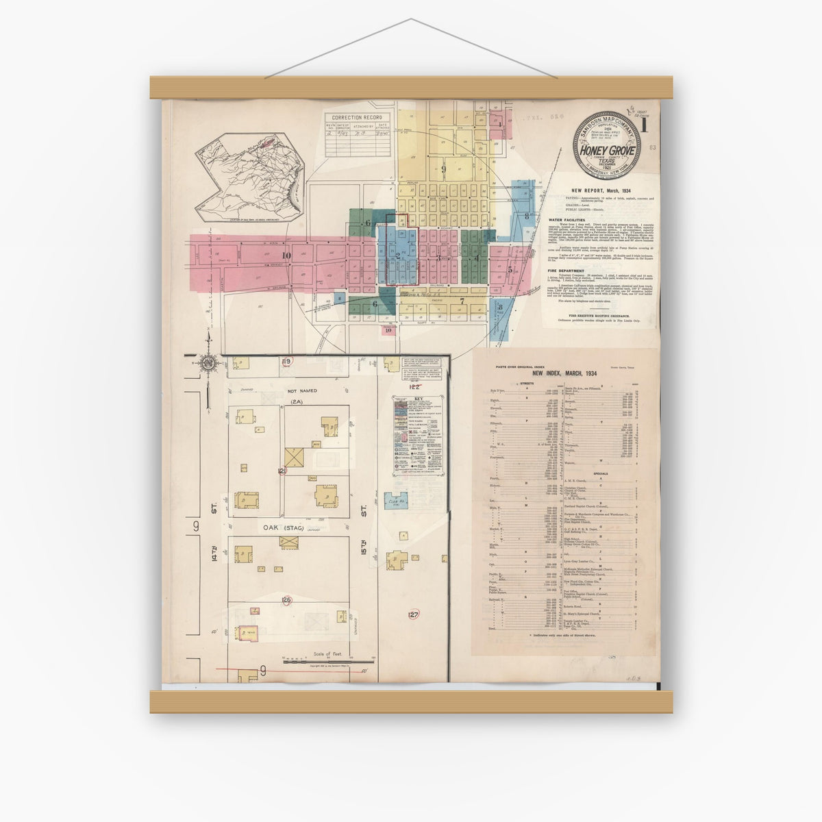 Old map wall art mockup — magnetic wood frame on white wall — Sanborn Fire Insurance Map from Honey Grove, Fannin County, Texas (1943) - Complete Map Set
