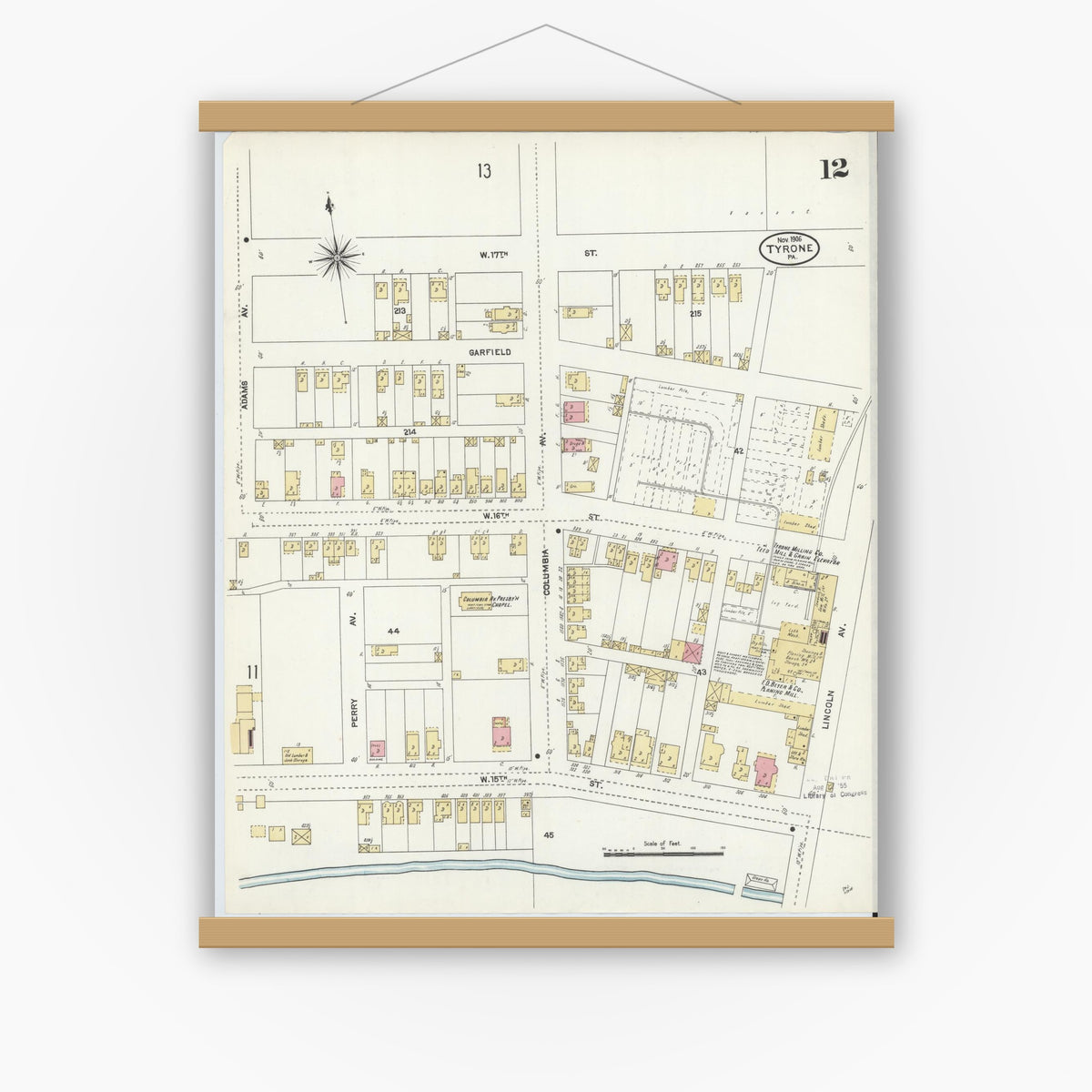 Old map wall art mockup — magnetic wood frame on white wall — Sanborn Fire Insurance Map from Tyrone, Blair County, Pennsylvania (1906), Sheet #0012