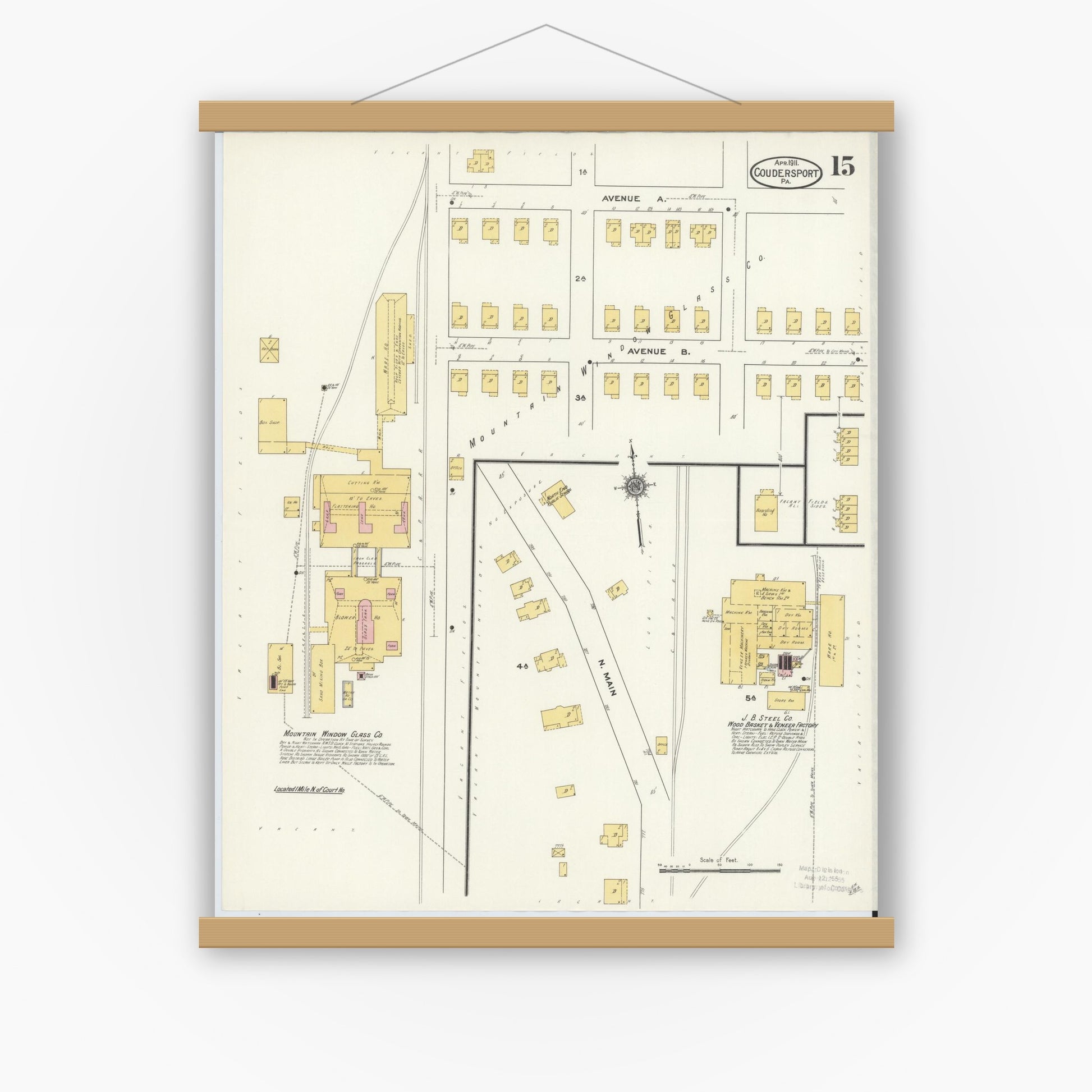 Old map wall art mockup — magnetic wood frame on white wall — Sanborn Fire Insurance Map from Coudersport, Potter County, Pennsylvania (1911), Sheet #0015